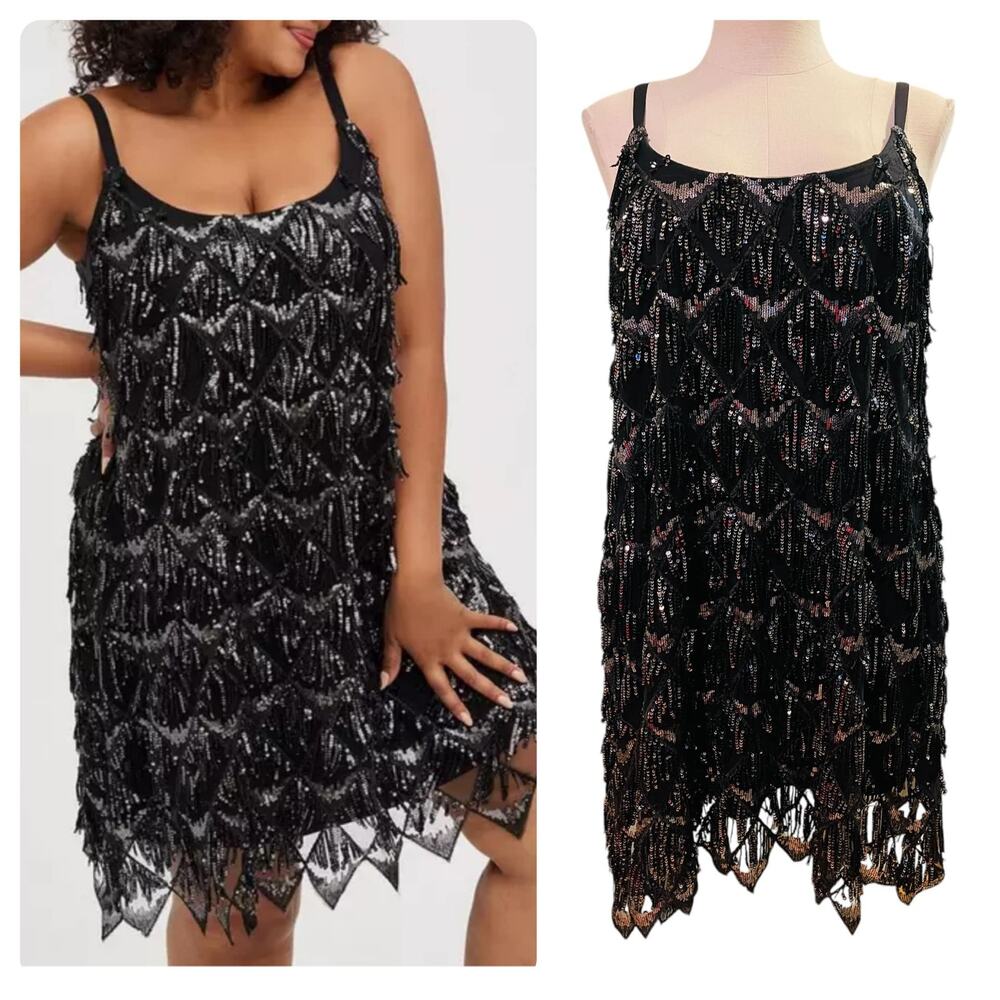 Torrid 2 (2X 18/20) Black/Silver Mini Sequin Fringe Cocktail Party Tank Dress